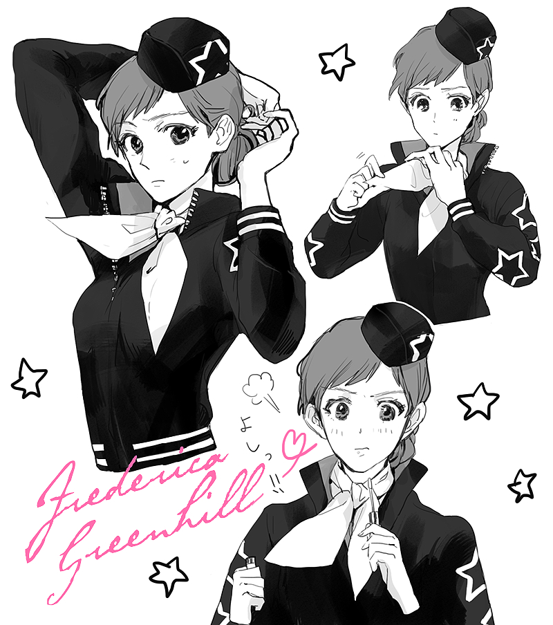 1girl, adjusting_hair, character_name, frederica_greenhill, ginga_eiyuu_densetsu, hat, lipgloss, long_hair