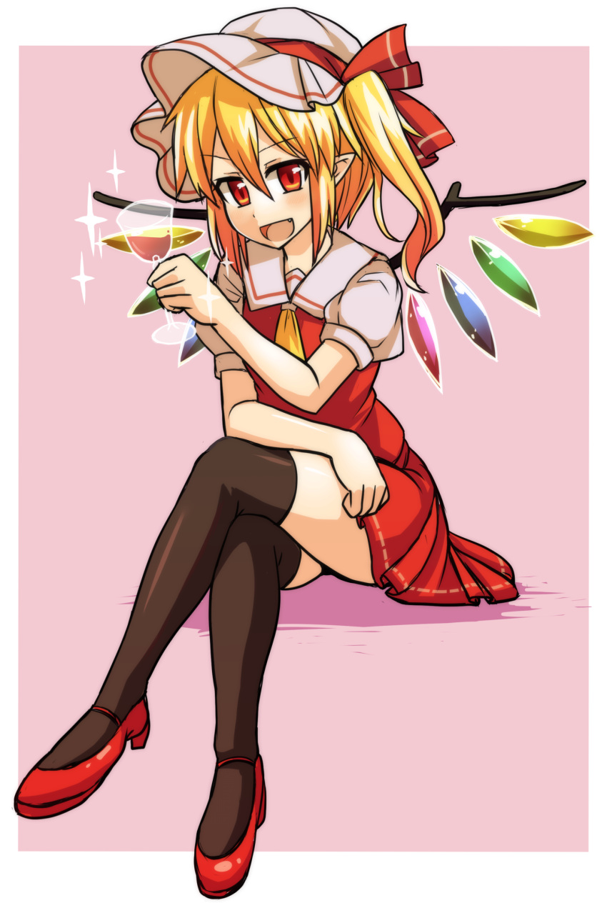 >:d, 1girl, :d, ambiguous_red_liquid, ascot, blonde_hair, blush, commentary