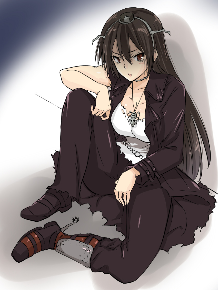 1girl, alternate_costume, bags_under_eyes, black_hair, brown_eyes, commentary_request, female, headgear