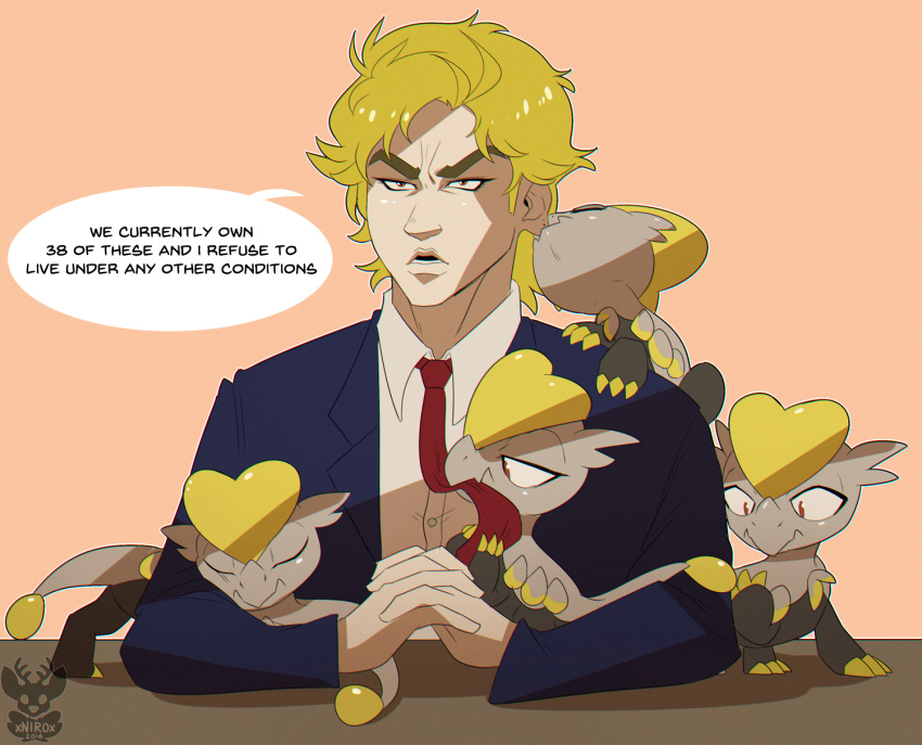 1boy, biting, blonde_hair, chromatic_aberration, crossover, dio_brando, ear_biting, english