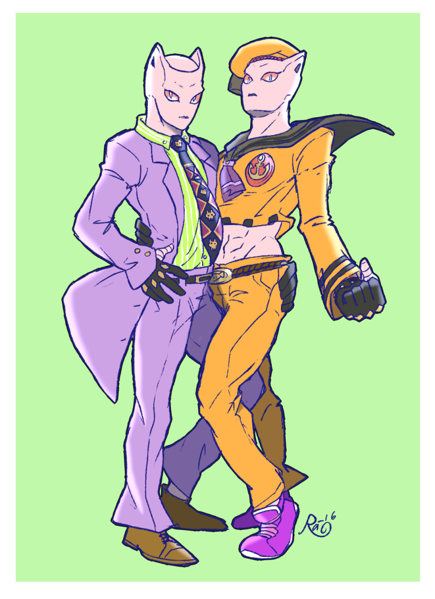 abs, arm_around_waist, black_gloves, clenched_hand, crop_top, formal, gloves, hand_on_hip, hat, highres, jojo_no_kimyou_na_bouken, jojolion, killer_queen, kira_yoshikage_(cosplay), kira_yoshikage_(jojolion)_(cosplay), necktie, no_humans, raiphen, sailor, sailor_hat, shoes, signature, sneakers, stand_(jojo), suit