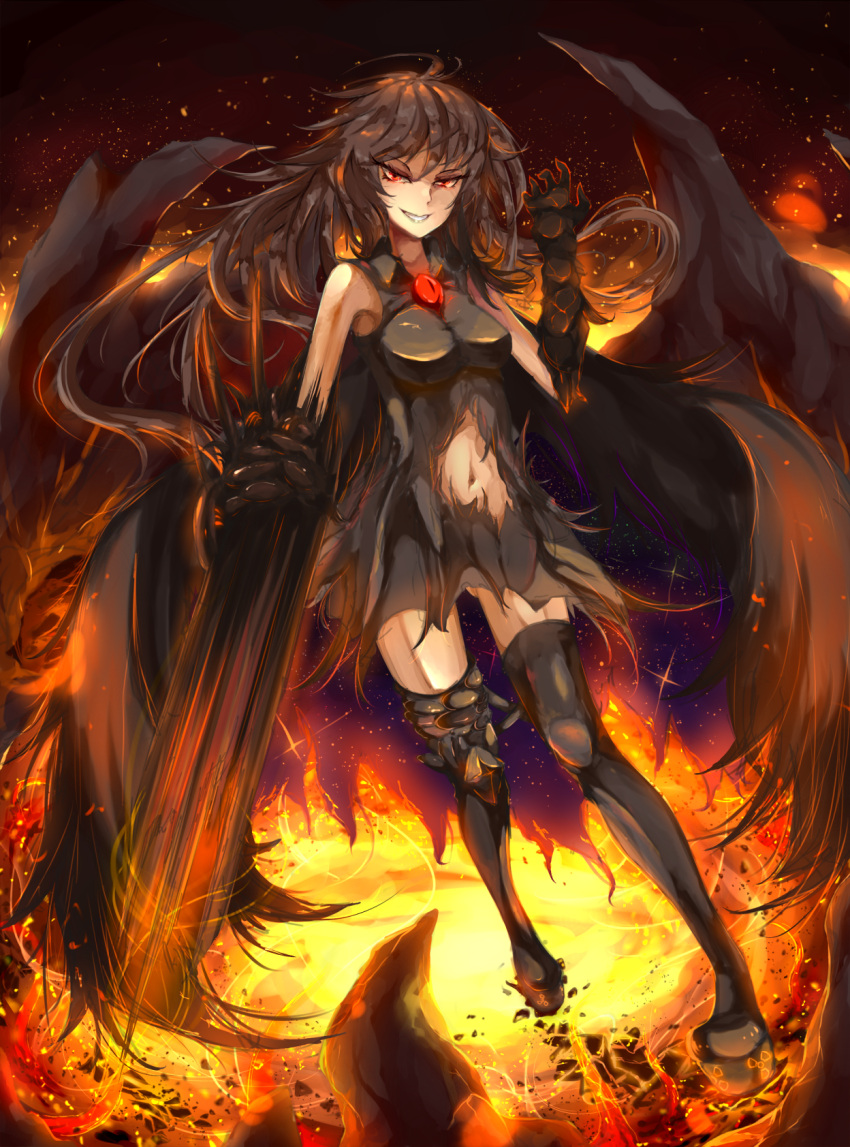 1girl, alternate_costume, arm_cannon, black_hair, black_wings, blizzomos, boots, breasts