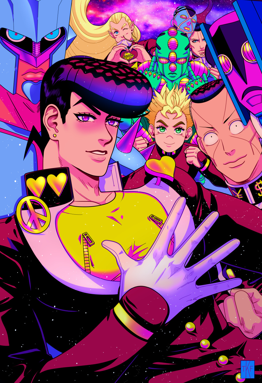 absurdres, aqua_eyes, blonde_hair, blue_hair, clenched_hand, clenched_hands, crazy_diamond, dollar_sign