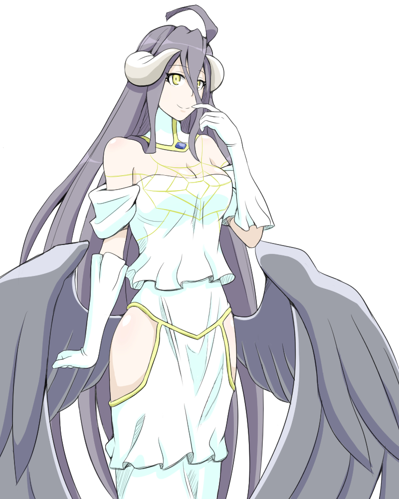1girl, ahoge, albedo, bare_shoulders, black_hair, black_wings, breasts, cleavage