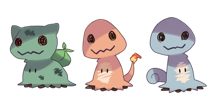 bulbasaur, bulbasaur_(cosplay), charmander, charmander_(cosplay), finalsmashcomic, mimikyu_(pokemon), no_humans, parody, pokemon, pokemon_(creature), simple_background, squirtle, squirtle_(cosplay), white_background, yayster