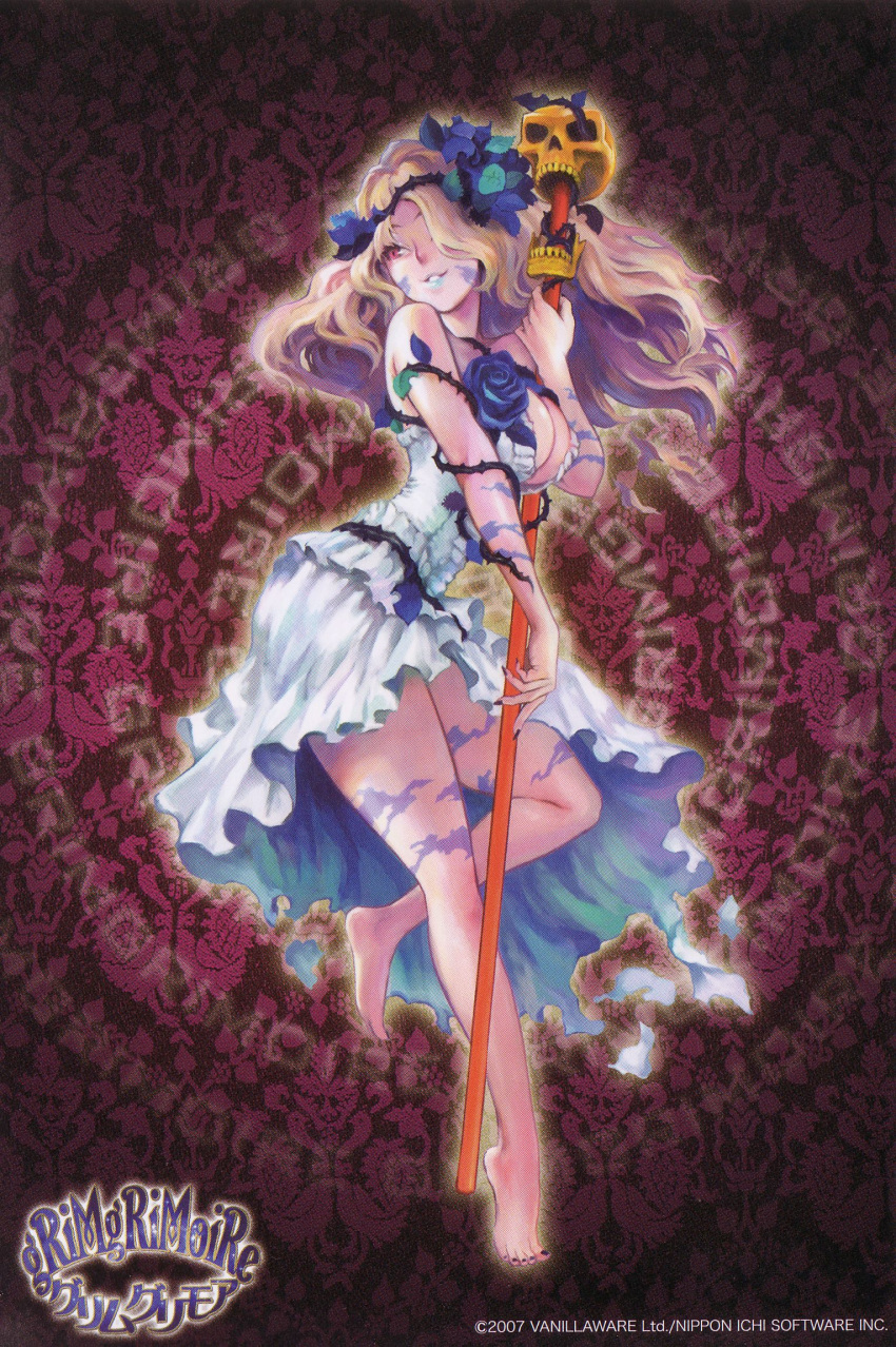 1girl, blonde_hair, breasts, cleavage, feet, flower, grimgrimoire, highres