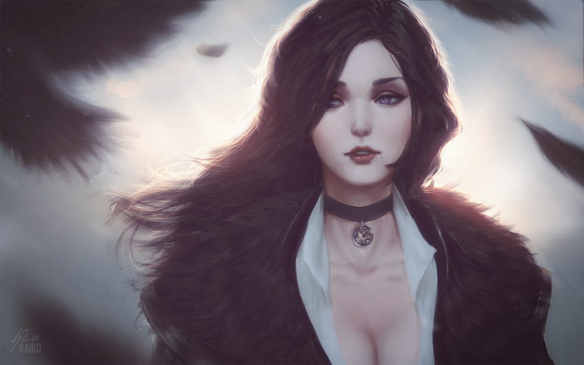 1girl, artist_name, black_choker, black_hair, breasts, choker, cleavage, collarbone, hair_over_one_eye, highres, jewelry, large_breasts, lips, long_hair, mole, parted_lips, pendant, pentagram, raikoart, red_lips, solo, the_witcher, upper_body, violet_eyes, wallpaper, wing_collar, yennefer