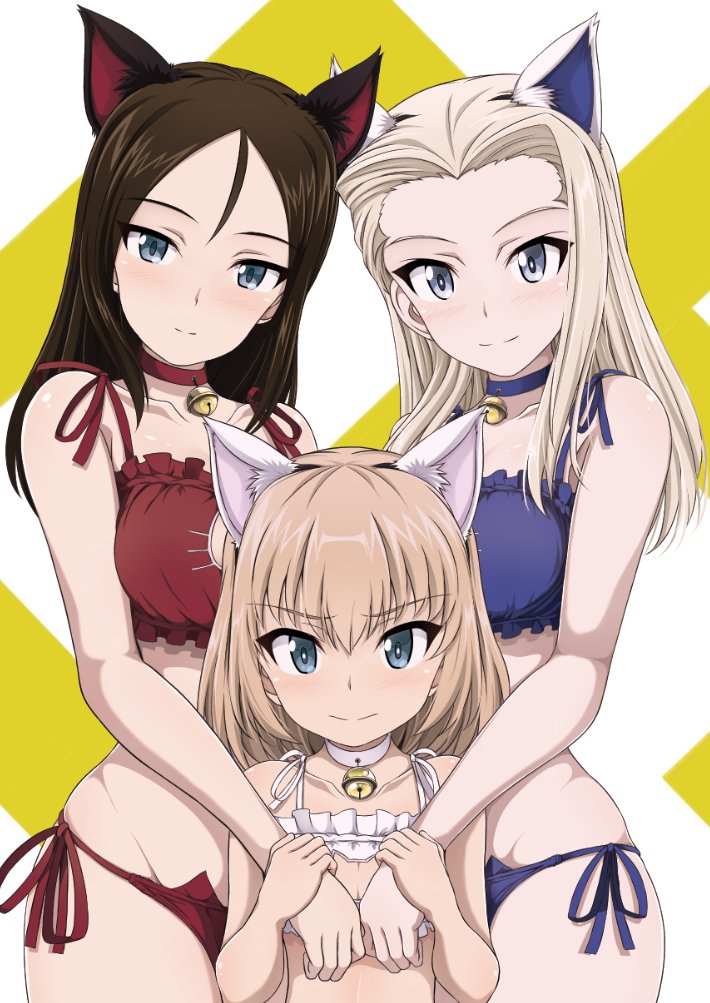 3girls, animal_ears, bell, bell_choker, black_eyes, blue_bra, blue_eyes, blue_panties