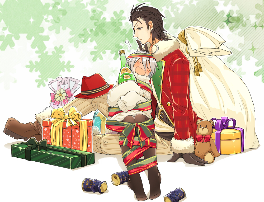 1boy, 1girl, ahoge, arm_support, beer_can, black_gloves, black_hair, blush