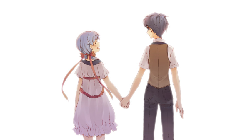 1boy, 1girl, :d, black_hair, black_pants, blue_eyes, closed_mouth, dress