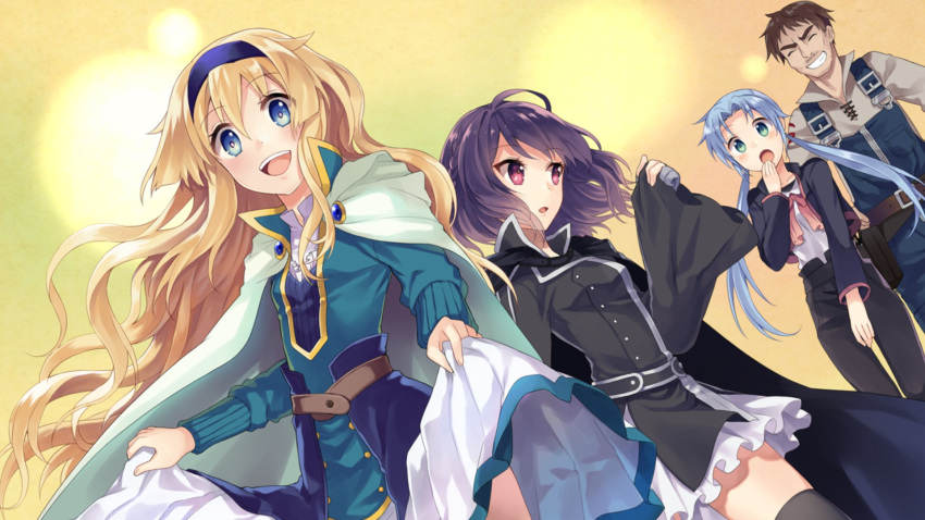 1boy, 3girls, :d, :o, ^_^, ahoge, aqua_dress, aqua_eyes