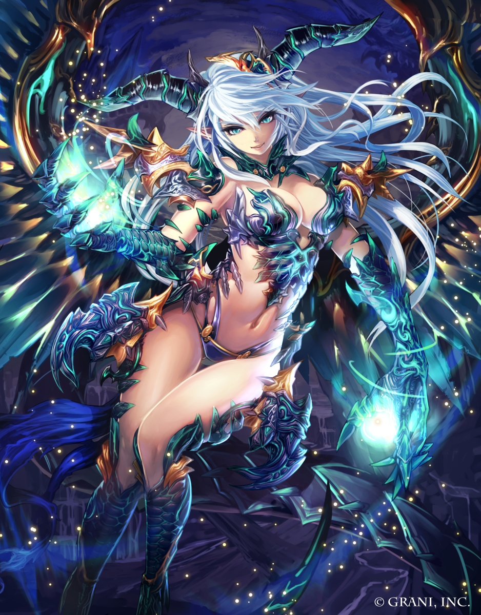 1girl, armor, bikini_armor, breasts, claws, cleavage, dragon_girl, fantasy, highres, horns, kazto_furuya, looking_at_viewer, midriff, monster_girl, navel, official_art, pointy_ears, revealing_clothes, shingoku_no_valhalla_gate, solo, thigh_gap, watermark, white_hair, wings