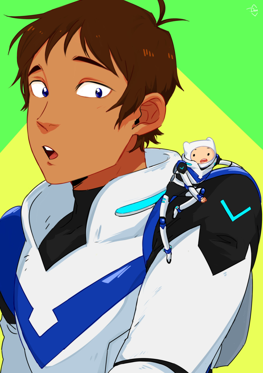 2boys, adventure_time, armor, bear_hat, blue_eyes, brown_hair, crossover, dark_skin
