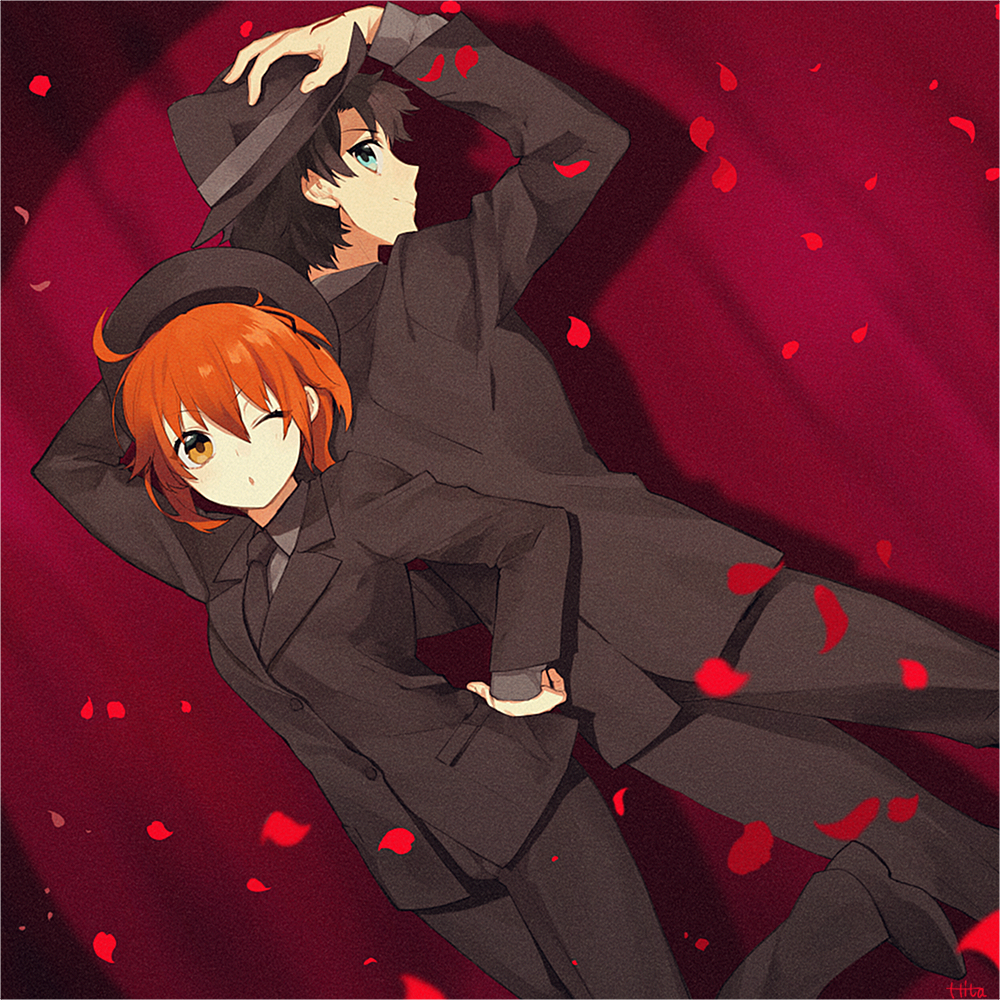 1boy, 1girl, ahoge, alternate_costume, beret, black_hair, black_necktie, black_suit