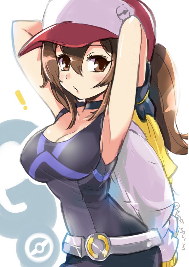 1girl, :o, arms_up, baseball_cap, belt, black_gloves, blush, breasts