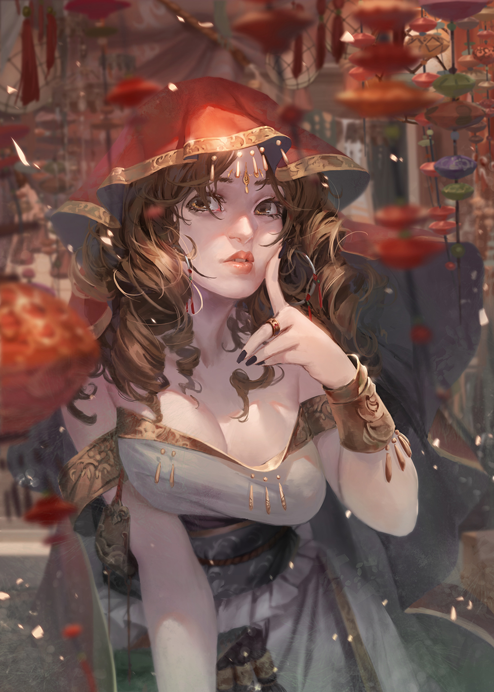 1girl, armband, baraba_baba, bare_shoulders, black_nails, breasts, brown_eyes, brown_hair