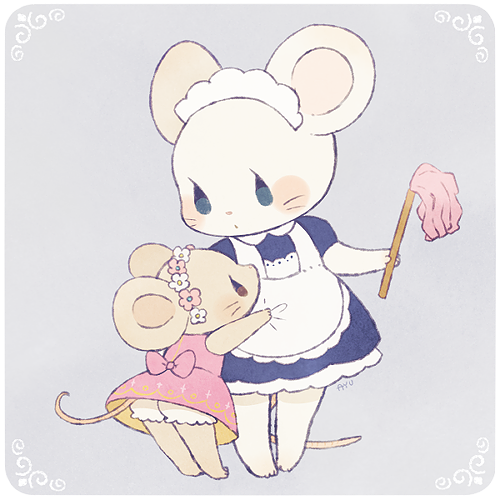 2girls, animal_ears, apron, apron_grab, artist_name, ayu_(mog), bloomers, blue_dress