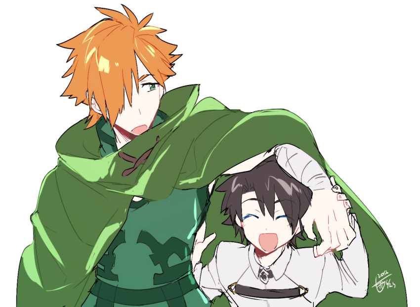 2boys, archer_(fate/extra), black_hair, cloak, closed_eyes, dated, fate/grand_order, fate_(series)