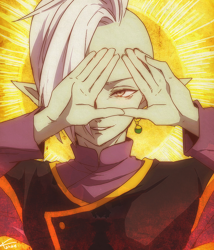 1boy, covering_one_eye, dragon_ball, dragon_ball_super, earrings, green_skin, jewelry, kurosaki_kanae