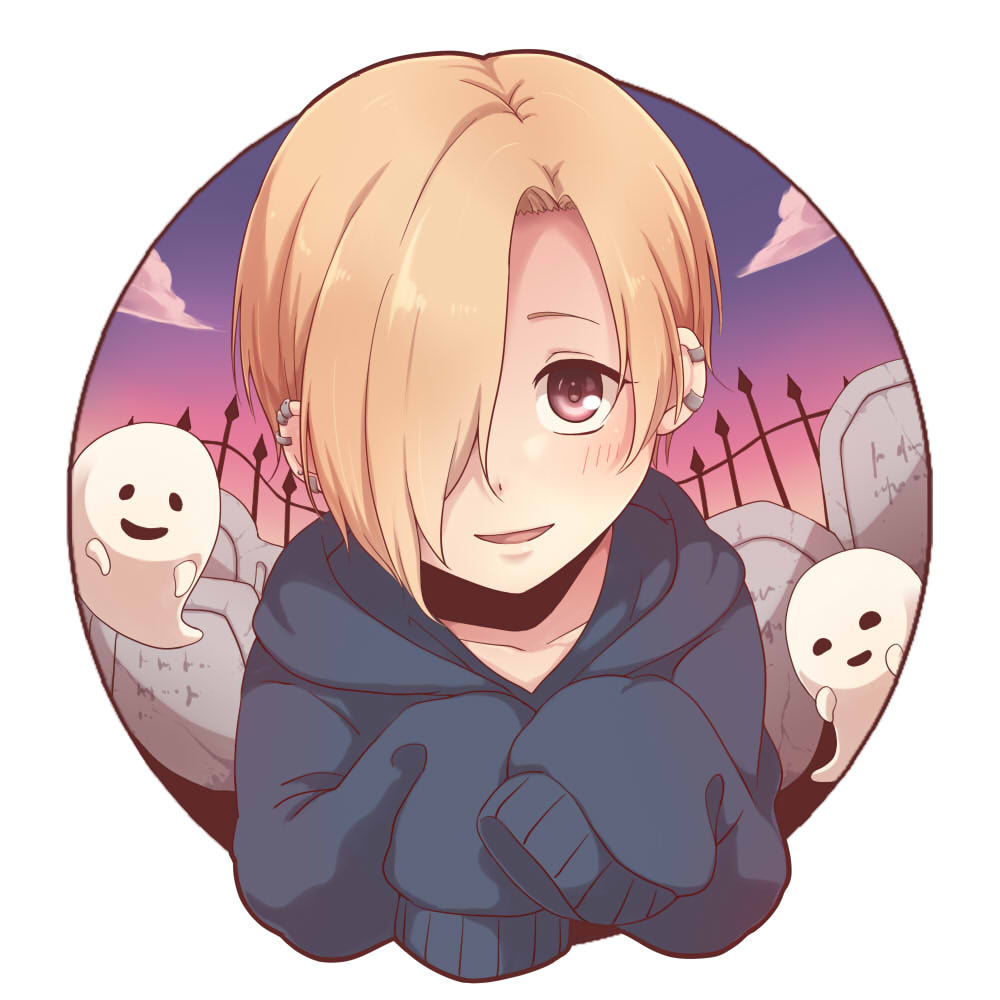 1girl, bags_under_eyes, blonde_hair, blush, brown_eyes, ear_piercing, earrings, ghost