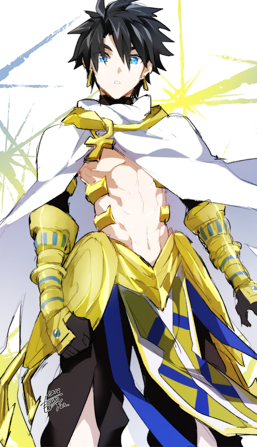 1boy, abs, ankh, black_hair, blue_eyes, cape, earrings, fate/grand_order