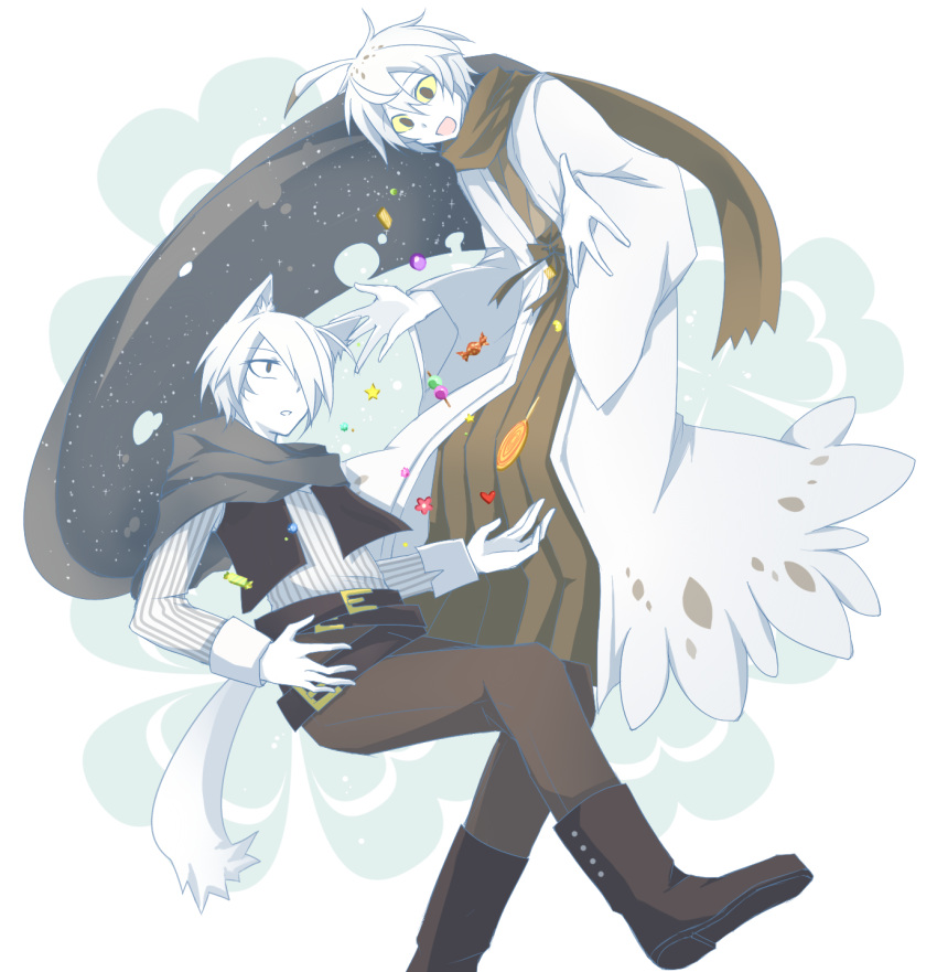 2boys, ahoge, animal_ears, boots, candy, cape, gloves, hair_over_one_eye