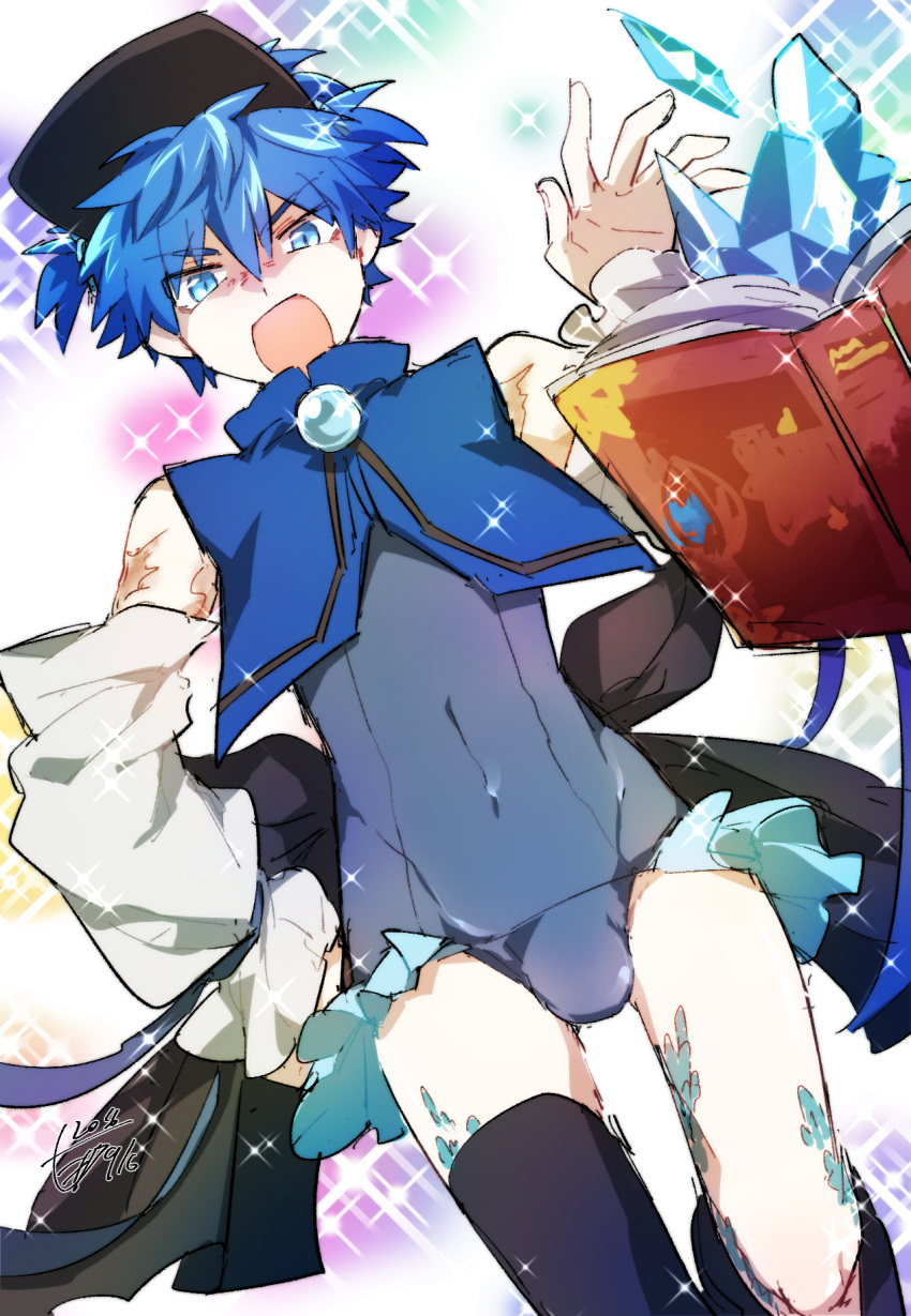 1boy, arm_up, bare_shoulders, blue_eyes, blue_hair, blue_legwear, blue_swimsuit, book, brooch, bulge, caster_(fate/extra_ccc), covered_navel, cowboy_shot, crop_top, crossdressinging, detached_sleeves, dutch_angle, fate/extra, fate/extra_ccc, fate_(series), floating_book, frills, frostbite, hair_tie, hand_on_hip, highres, ice, jewelry, looking_at_viewer, magical_girl, minazaka, ribbon, ribbon_trim, scar, school_swimsuit, short_hair, showgirl_skirt, solo, sparkle_background, swimsuit, thigh-highs, two_side_up, visor_cap, wide_sleeves