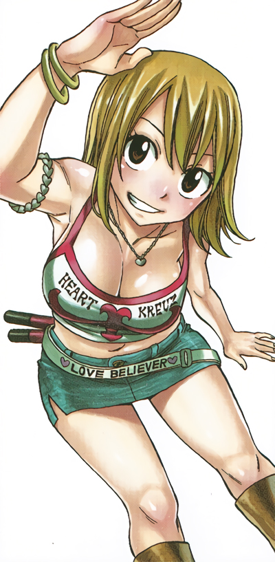 1girl, arm_up, beltskirt, blonde_hair, bracelet, breasts, brown_eyes, cleavage