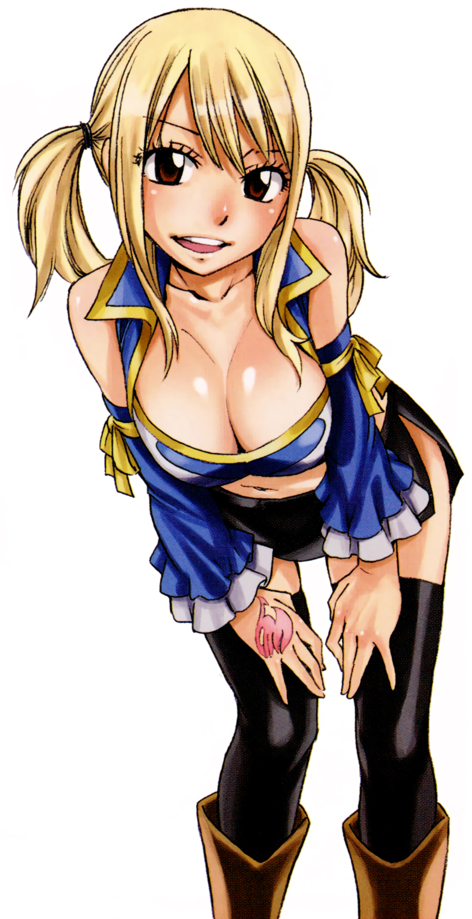 1girl, black_legwear, blonde_hair, breasts, brown_eyes, cleavage, detached_sleeves, fairy_tail