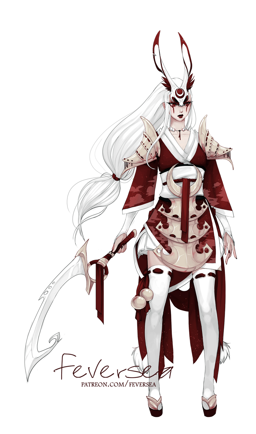 1girl, akali, alternate_costume, armor, armored_dress, blood_moon_akali, coattails, diana_(league_of_legends), facial_mark, feversea, full_body, fusion, geta, hair_ornament, high_ponytail, highres, japanese_clothes, jewelry, kama_(weapon), league_of_legends, lipstick, long_hair, makeup, necklace, obi, pauldrons, ponytail, red_eyes, sash, sickle, solo, thigh-highs, very_long_hair, watermark, web_address, white_hair, white_legwear, zettai_ryouiki