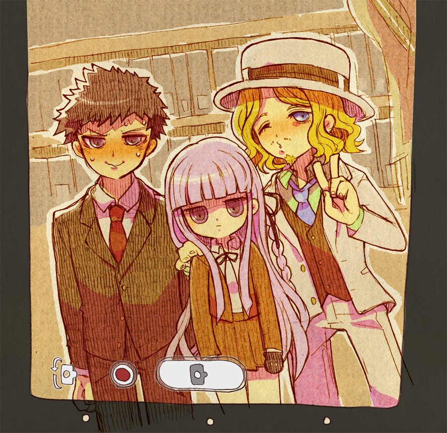 1girl, 2boys, ;), arm_around_shoulder, bebe_(ad234_tenrou), boater_hat, braid, dangan_ronpa