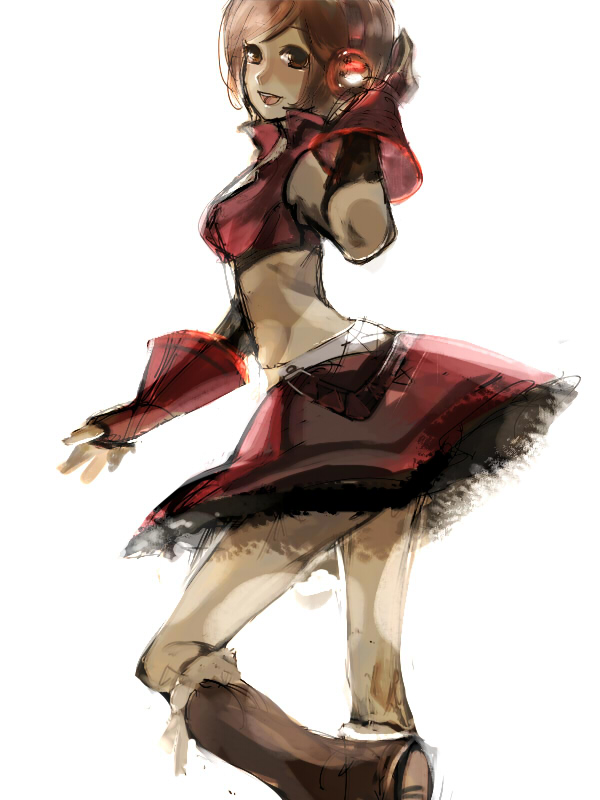 brown_eyes, brown_hair, fingerless_gloves, gloves, headphones, kane, meiko, midriff