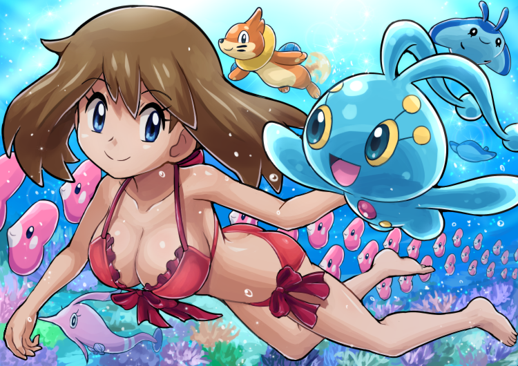 1girl, :d, ass, bikini, blue_eyes, bow, breasts, brown_hair