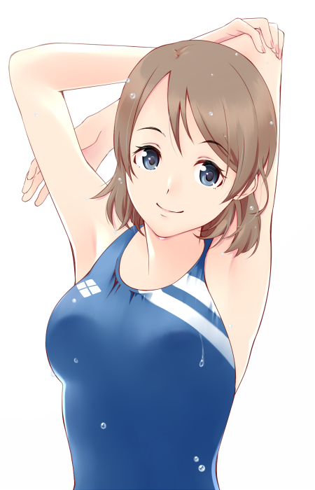 1girl, arms_behind_head, blue_eyes, breasts, brown_hair, competition_swimsuit, egooo, grey_hair