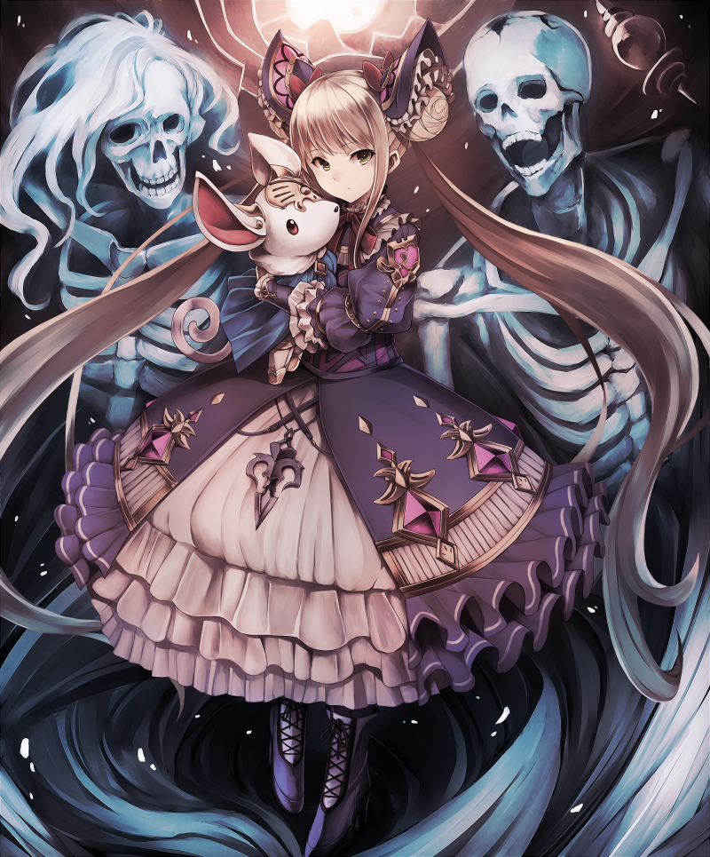 1girl, animal, arm_garter, black_boots, blonde_hair, boots, bow, bowtie, commentary_request, creature, cross-laced_footwear, double_bun, dress, frilled_skirt, frilled_sleeves, frills, full_body, hair_bow, hair_ornament, holding_animal, inaba_sunimi, lolita_fashion, long_hair, looking_at_viewer, luna_(shadowverse), puffy_sleeves, purple_dress, red_bow, red_bowtie, red_eyes, shadowverse, sidelocks, skeleton, skirt, twintails, very_long_hair, yellow_eyes