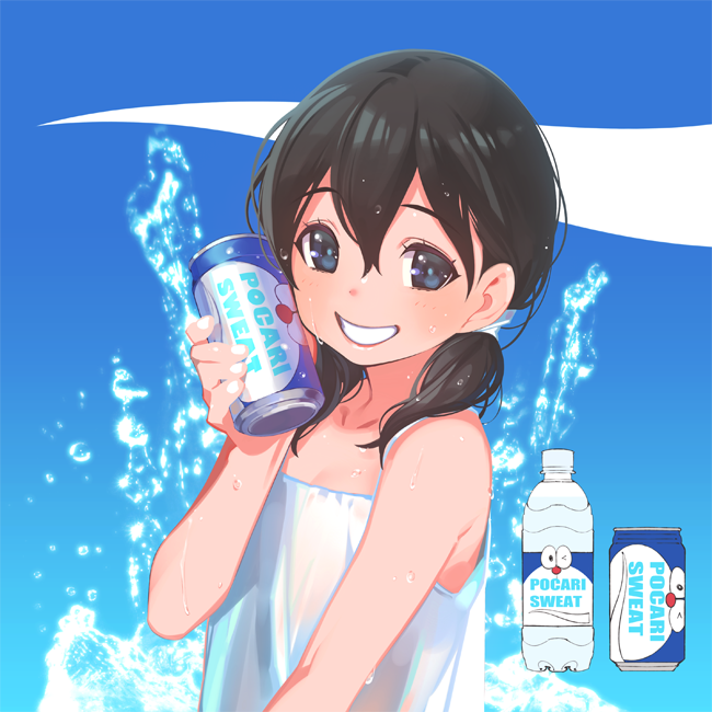 1girl, black_hair, bottle, can, doraemon, grin, long_hair, looking_at_viewer