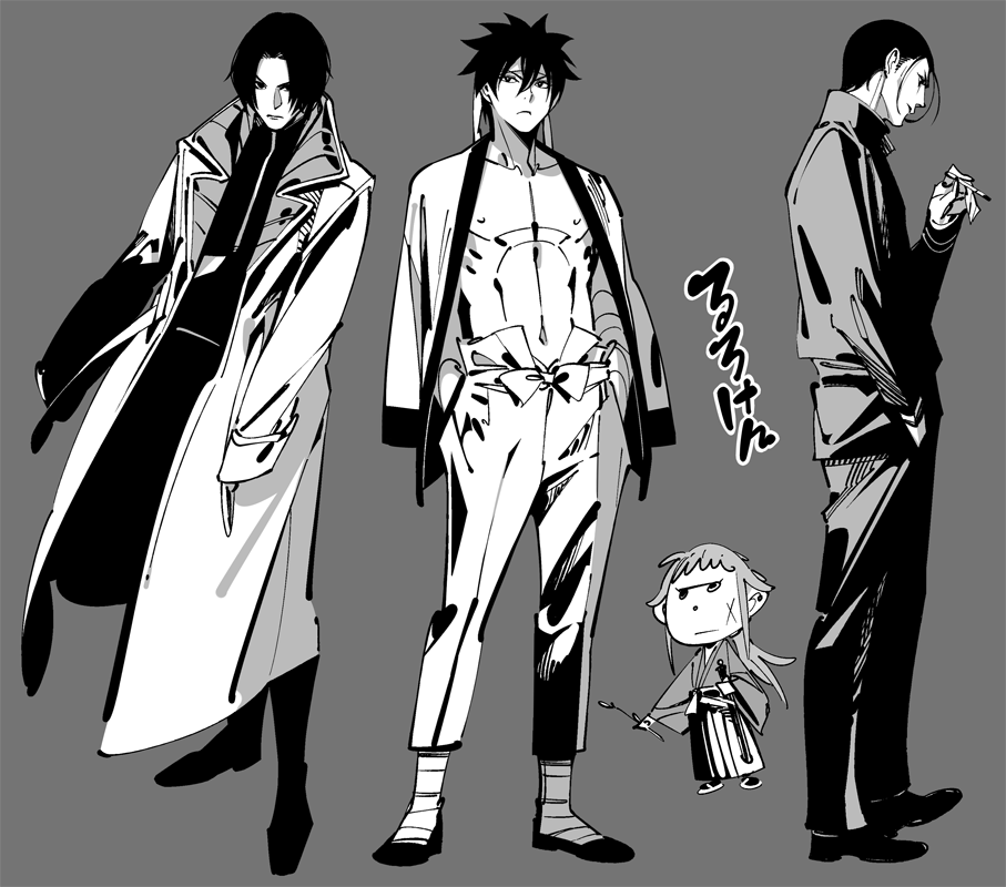 4boys, black_hair, cigarette, coat, headband, himura_kenshin, japanese_clothes, long_hair