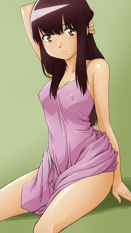 blush, brown_eyes, brown_hair, chiba_saori, dress, erect_nipples, hourou_musuko, long_hair