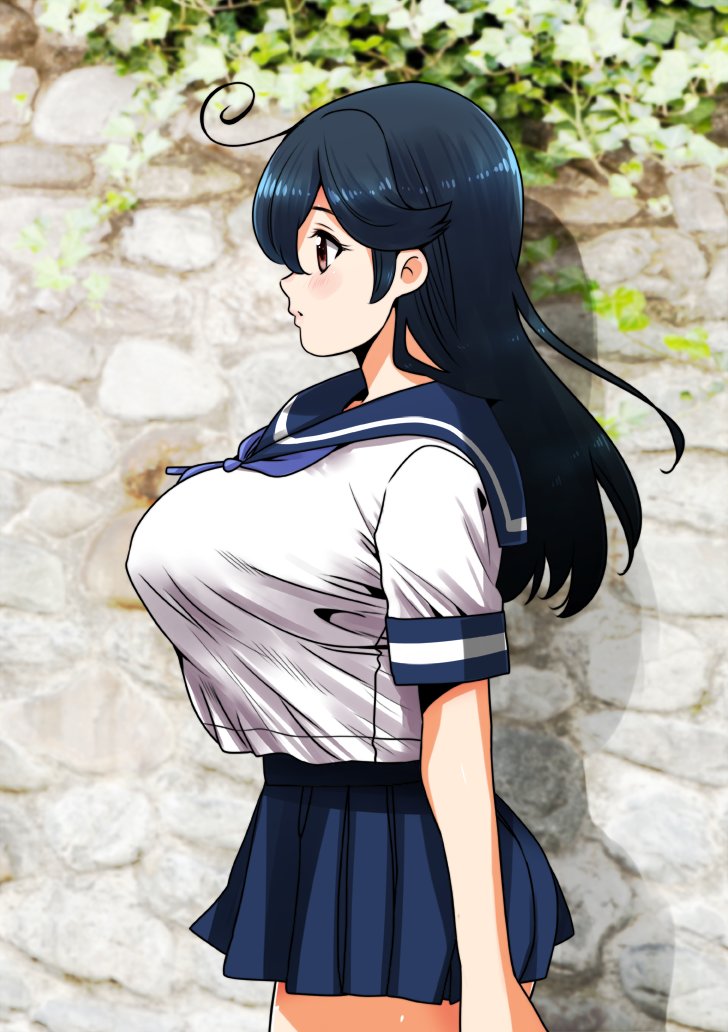 1girl, ahoge, black_hair, blush, breasts, huge_breasts, kantai_collection, long_hair