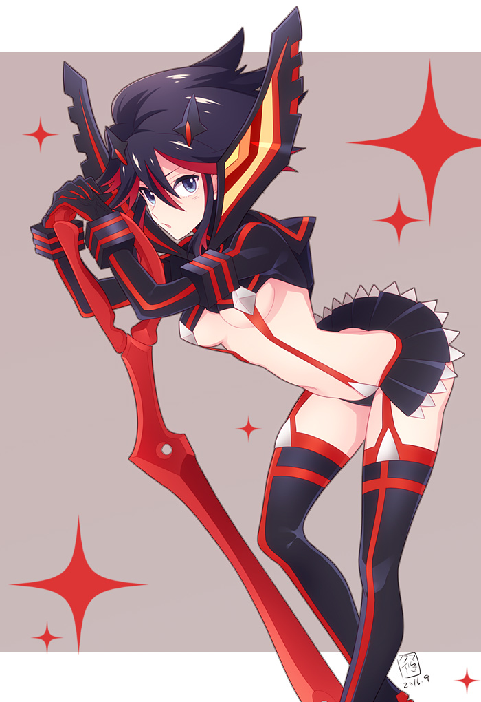 1girl, black_hair, blue_eyes, boots, breasts, kill_la_kill, kuma_yuu, leaning_forward