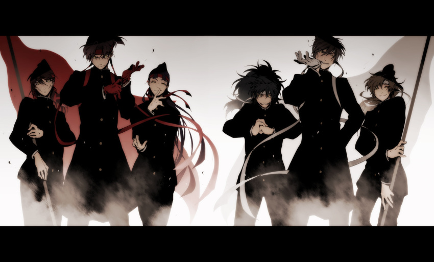6+boys, dossei, flag, gakuran, gloves, headband, highres, kema_tomesaburou