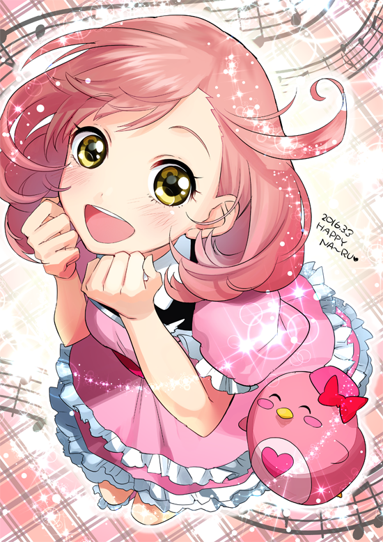 1girl, ayase_naru, dress, lovelyn, musical_note, open_mouth, pink_hair, pretty_rhythm