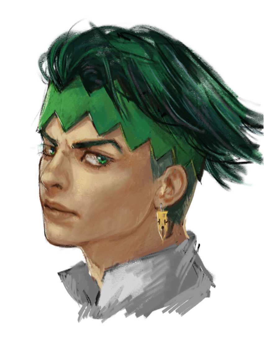 1boy, earrings, face, green_eyes, green_hair, headband, highres, jewelry, jojo_no_kimyou_na_bouken, kishibe_rohan, male_focus, medeakn, profile, solo