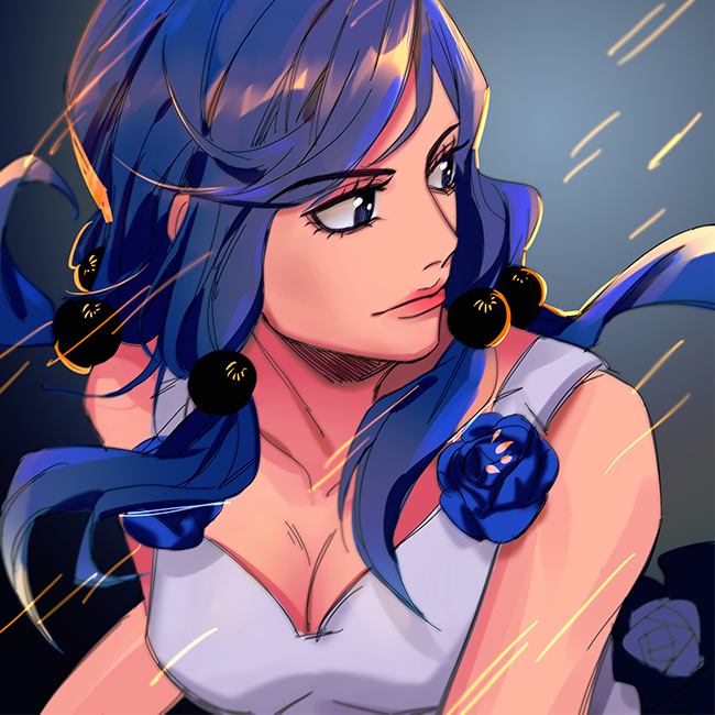 1girl, blue_eyes, blue_hair, breasts, cleavage, hair_bobbles, hair_ornament, hirose_yasuho