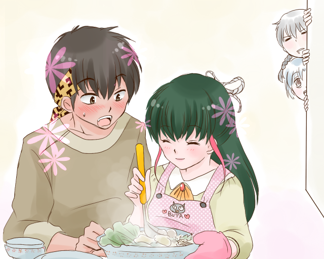 2boys, 2girls, apron, blush, food, hanamutsuki, hibiki_ryouga, multiple_boys
