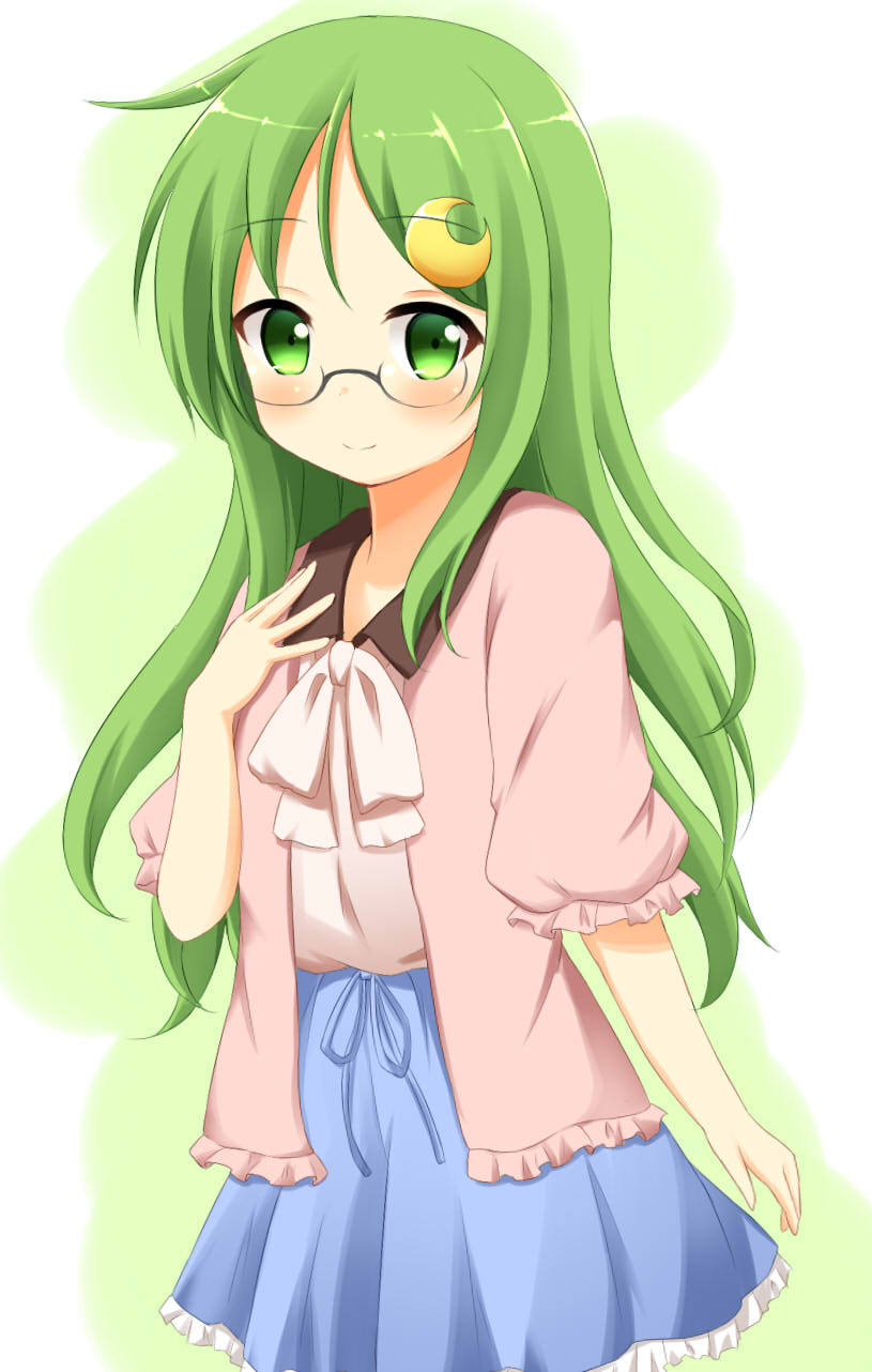 1girl, alternate_costume, bespectacled, blue_ribbon, blue_skirt, blush, casual, crescent