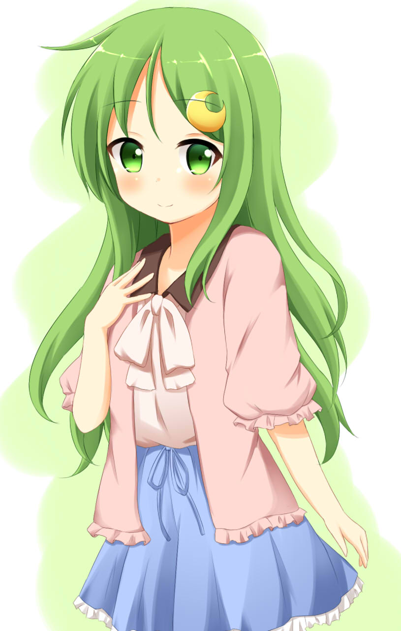 1girl, alternate_costume, blue_ribbon, blue_skirt, blush, casual, crescent, crescent_hair_ornament