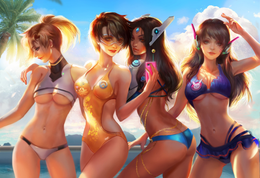 4girls, bikini, bikini_skirt, breasts, bunny_print, cellphone, cleavage, d.va_(overwatch), dark_skin, day, headphones, highleg, highleg_bikini, looking_at_viewer, mechanical_arm, medium_breasts, mercy_(overwatch), multiple_girls, navel, outdoors, overwatch, phone, profile, standing, stomach, swimsuit, symmetra_(overwatch), tracer_(overwatch), under_boob, yang_fan