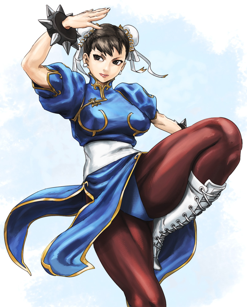 bracelet, brown_eyes, brown_hair, bun_cover, china_dress, chinadress, chinese_clothes, chun-li, double_bun, earrings, jewelry, legs, muscle, pantyhose, spiked_bracelet, spiked_bracelets, spikes, street_fighter, thick_thighs, thighs, usatarou