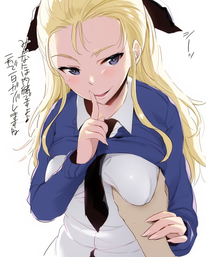 1girl, assam, black_eyes, blonde_hair, blush, breast_grab, finger_to_mouth, girls_und_panzer